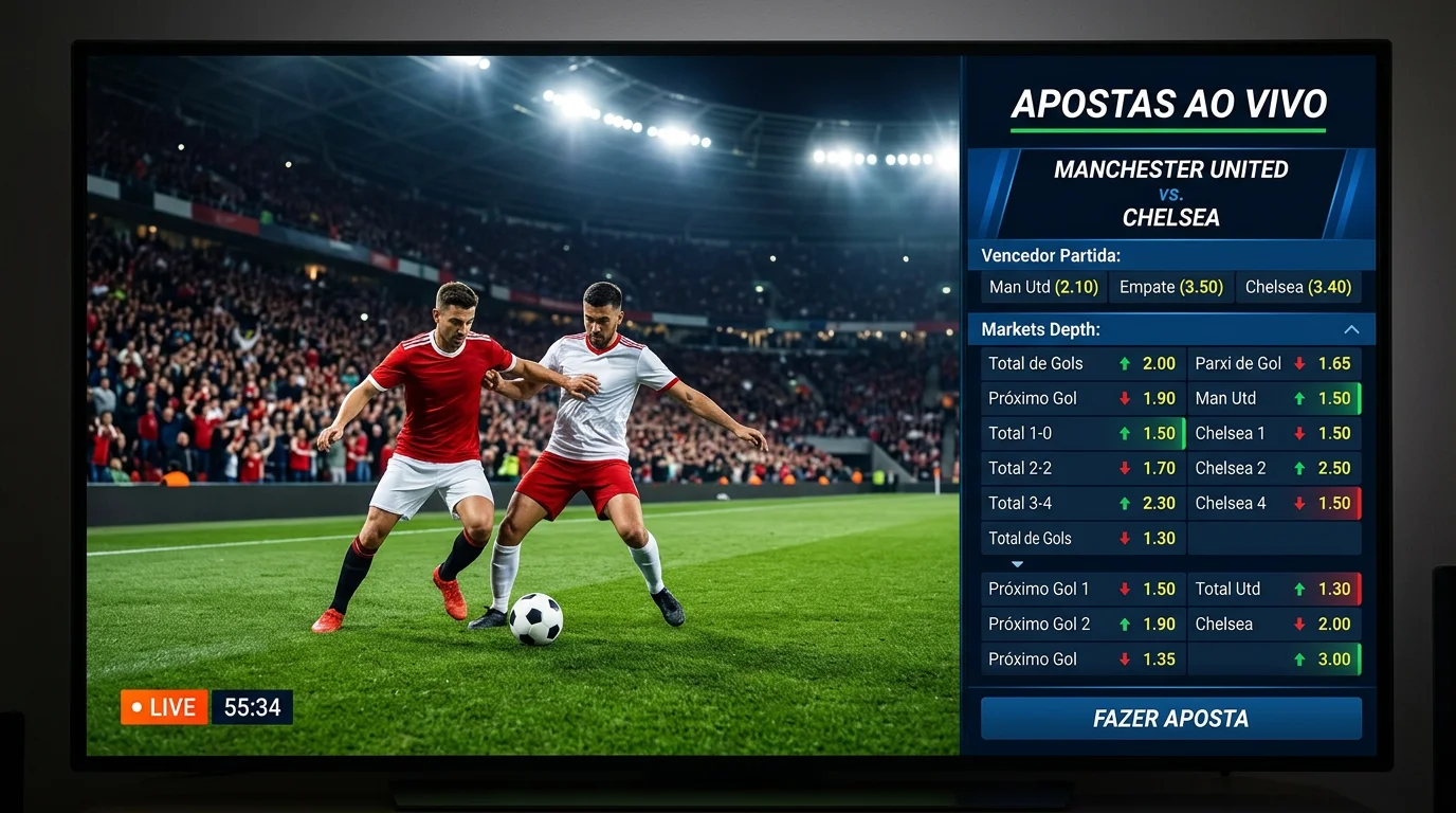 Ecrã dividido mostrando jogo de futebol ao vivo e odds em tempo real