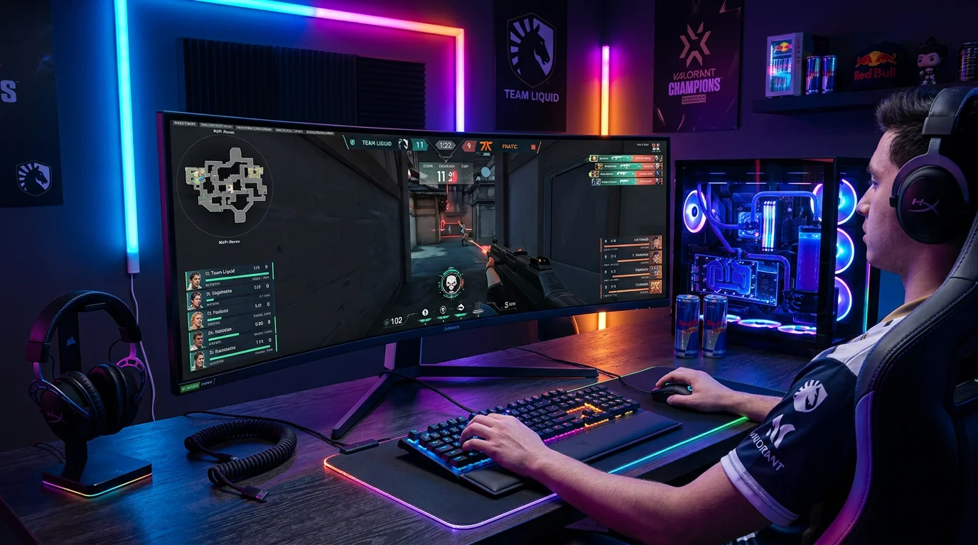 Setup de gaming profissional com monitor e teclado iluminado em arena de eSports