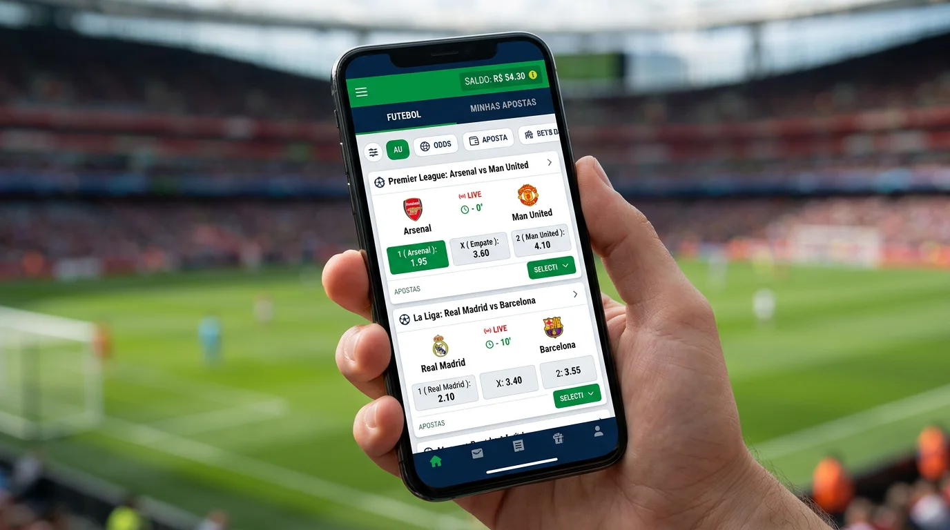 Smartphone moderno com aplicação de apostas desportivas mostrando odds de futebol