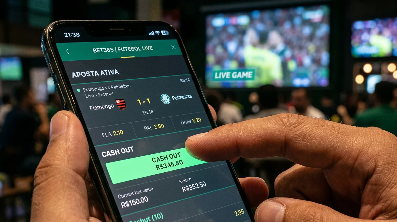 Mão a tocar no botão de cash out num ecrã de apostas