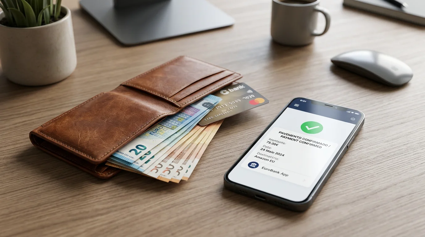 Carteira com notas de euro e cartão bancário para operações financeiras