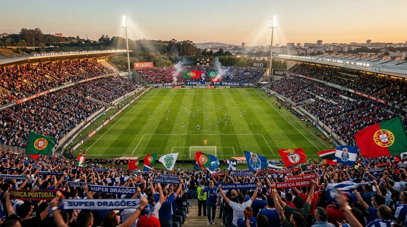 Jogo de futebol num estádio português com adeptos a assistir