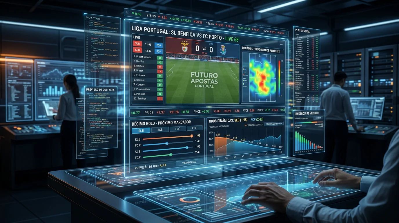 Visualização futurista de interface de apostas com elementos tecnológicos