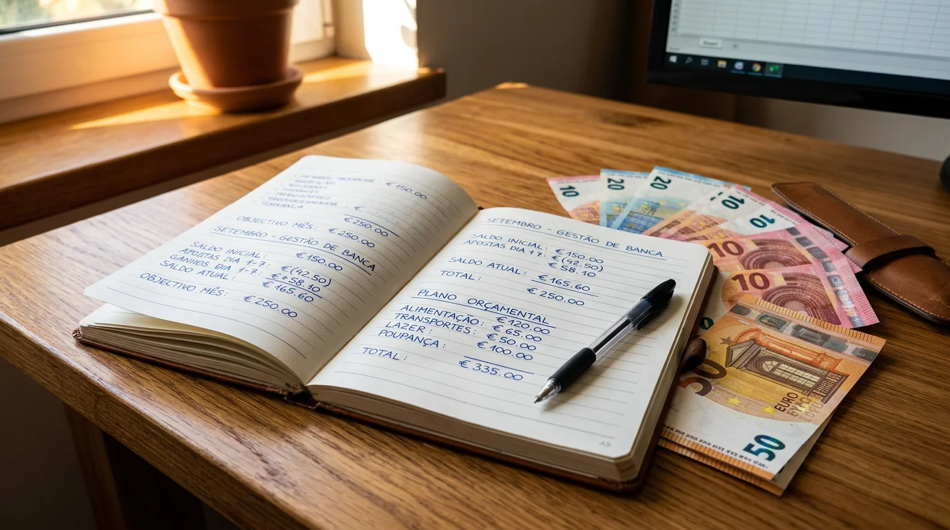 Caderno de notas com cálculos de gestão financeira e notas de euro