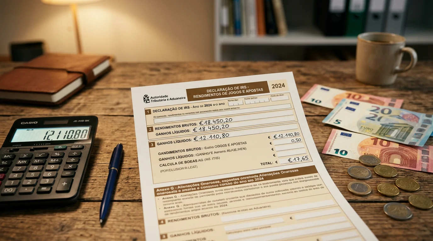 Formulário fiscal português com notas de euro representando ganhos de apostas