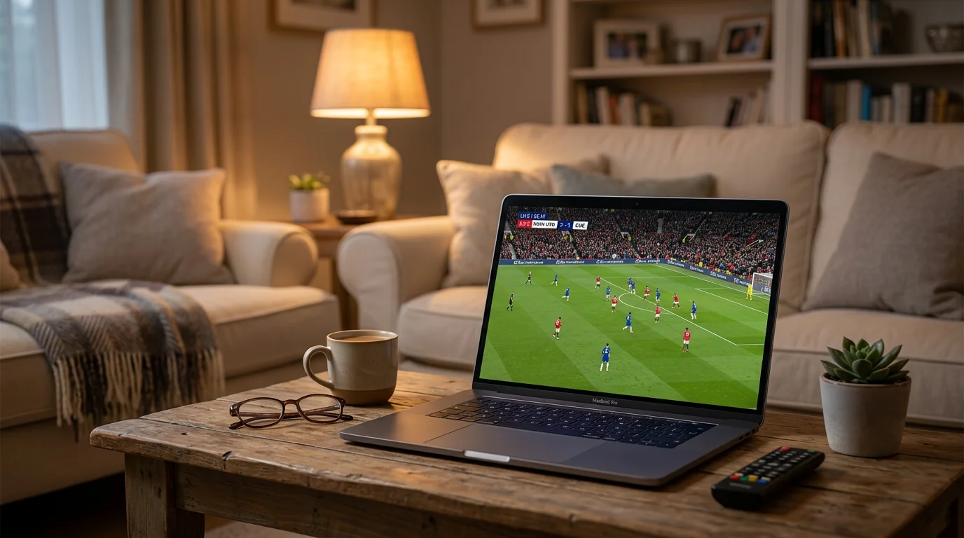 Ecrã de computador portátil a transmitir jogo de futebol em direto