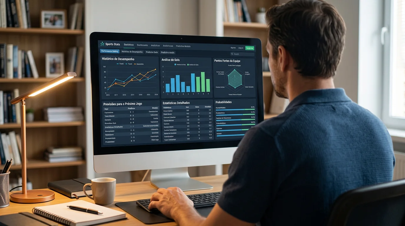 Pessoa a analisar estatísticas desportivas num computador com gráficos